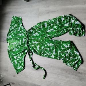 Green Tropical Print Tie Waist Jumpsuit